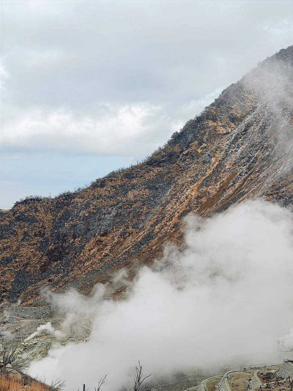 Steaming fumaroles emit white smoke against a rugged, brown and gray mountainside under a cloudy sky, creating a moody atmosphere.
