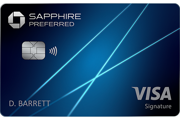 Blue credit card displaying "Sapphire Preferred" and "VISA Signature" text. Chip and contactless symbol visible, name D. Barrett shown.