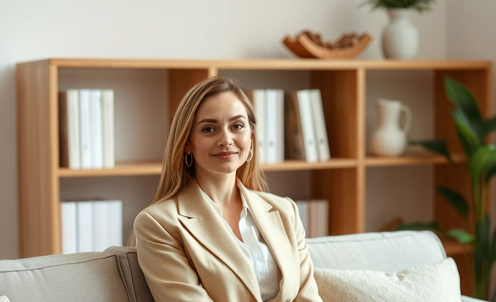 A therapist sitting on a couch with a beige suit on preferably a woman.jpg