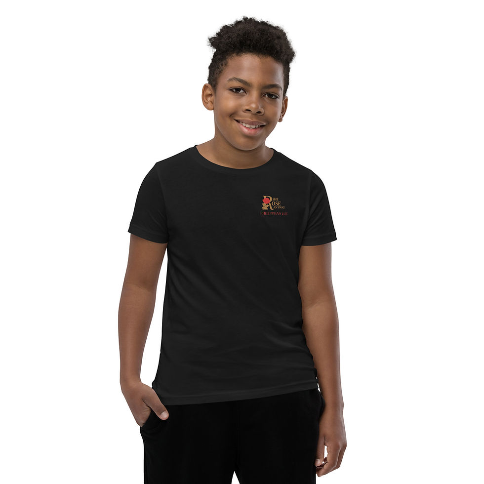 Boy wearing a black youth short sleeve t-shirt with small logo