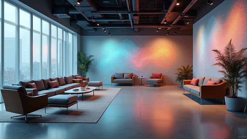 High angle view of a modern office lounge with AI-generated art on the walls