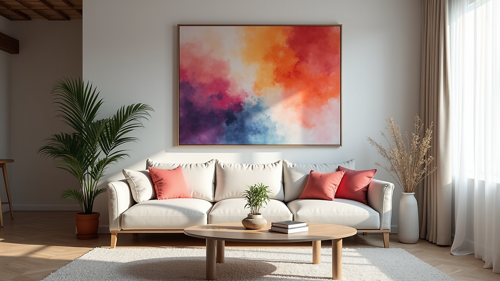 Eye-level view of a modern living room wall decorated with colorful AI-generated art