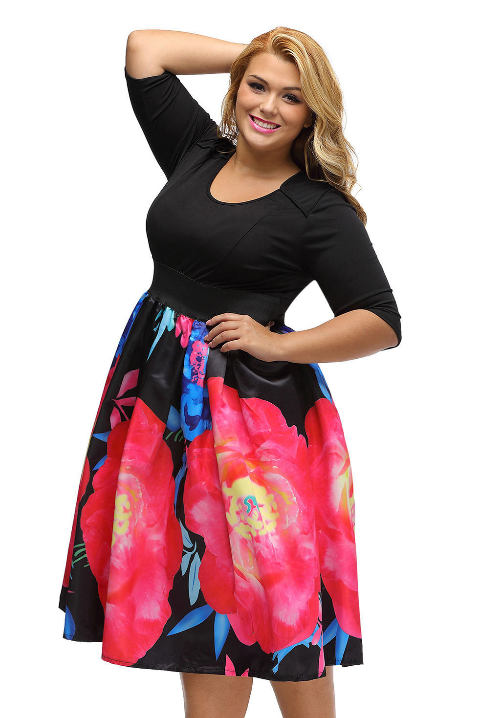 Thumbnail: Solid Black Top Floral A-line Skirt Curvy Dress