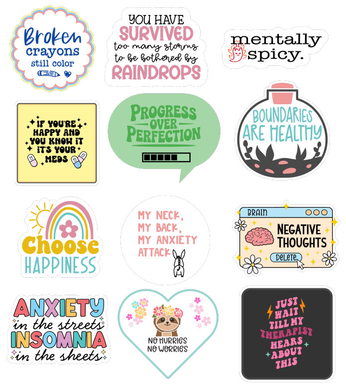 Thumbnail: Mental Health Stickers - 12 Stickers - Kiss Cut Print