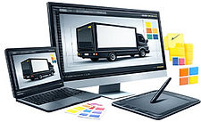 Computer, laptop, and tablet icon for submitting creative and service instructions for Mobile Billboard Advertising from MATV Billboards, helping advertisers prepare artwork, messages, and campaign materials.