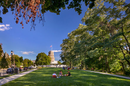 Family having a picnic on the lawn at Prospect Hill Park