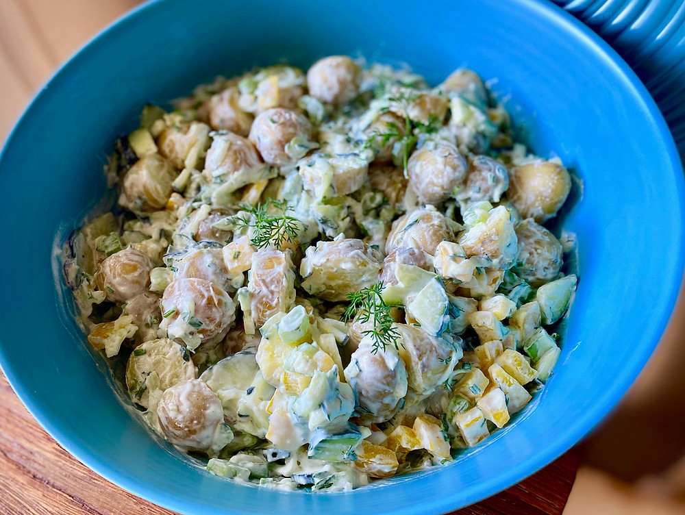 Cooking Chez Moi, potato salad recipes, vegetable side dishes, easy summer salads, tzatziki recipes, healthy potato salad, barbecue side dishes, picnic recipes
