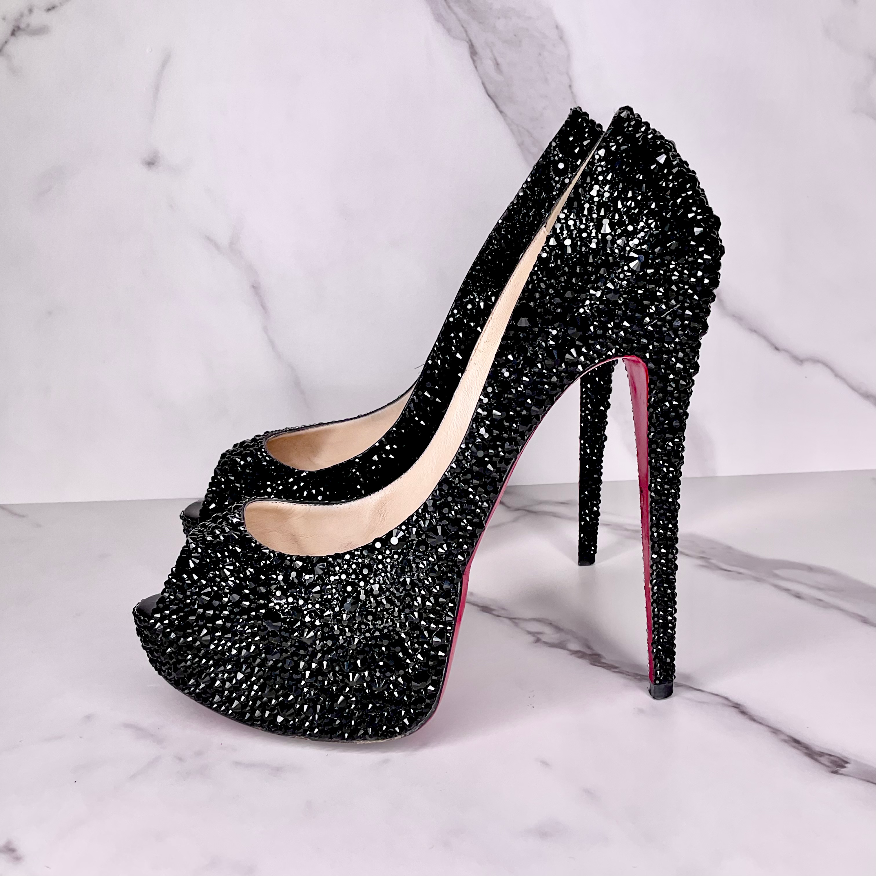 Real Louboutins, Covered in Crystal — Black Lady Peep, Size 11.5