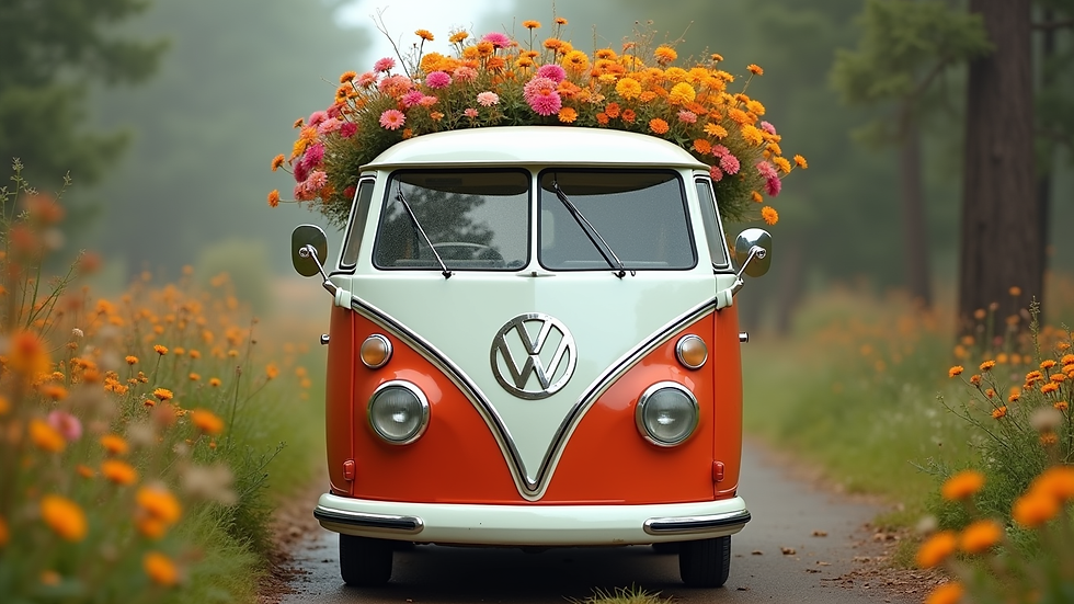 Eye-level view of a vintage Kombi van filled with colorful flowers