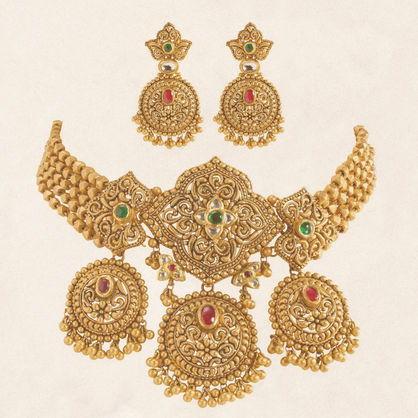 Exquisite 22K gold necklace set, intricately designed with heritage motifs and classic charm—perfect for weddings, cultural gatherings, and festive celebrations.