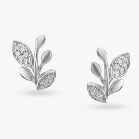 Platinum 950 leaf-motif stud earrings with subtle embellishments, featuring a delicate and sophisticated nature-inspired design for timeless elegance.