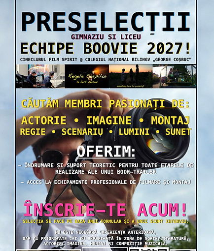 ‎Cineclubul Film Spirit București Preselecții Echipe Boovie 2027 - Organizăm vizionări de filme și ateliere practice de film pentru copii, tineri și adulți - Cursuri de actorie, regie, imagine, montaj, scenariu, lumini, sunet - Grupe de gimnaziu și liceu