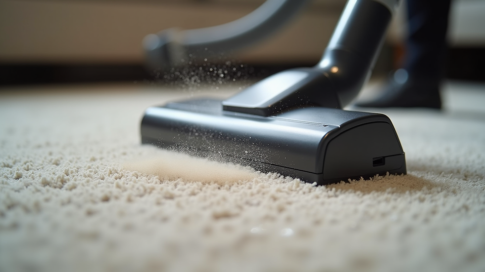 Close-up of a vacuum cleaner removing dust from carpet fibers