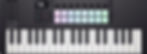 Black and white MIDI keyboard with colorful pads, control knobs, and display screen reading "G-Minor." Text: "LAUNCHKEY". Mood is creative.