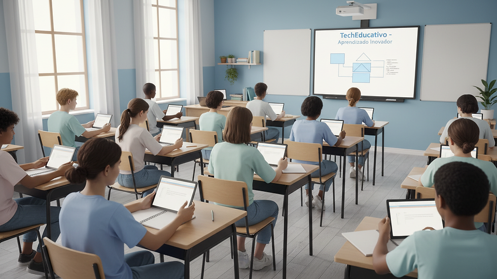 Eye-level view of a classroom with students using tablets