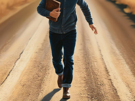 Pessoa caminhando numa estrada, caderno na mão