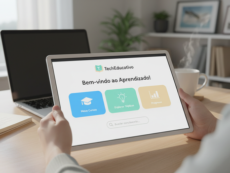 Pessoa acessando a plataforma TechEducativo em um tablet, pronta para explorar cursos e tópicos de aprendizado online.