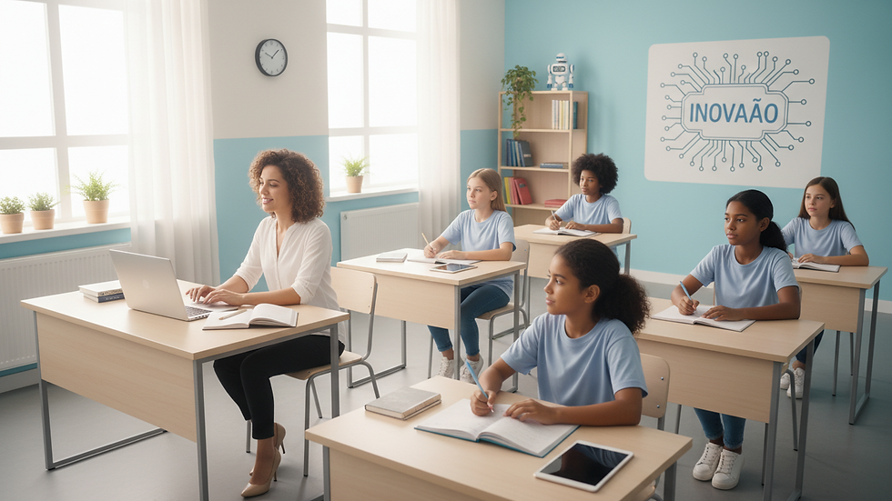 Eye-level view of a classroom with a teacher using a laptop and students paying attention