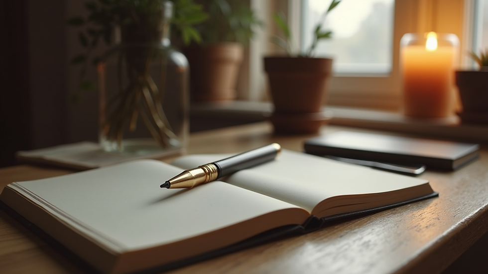 Eye-level view of a cozy writing nook with a notebook and pen
