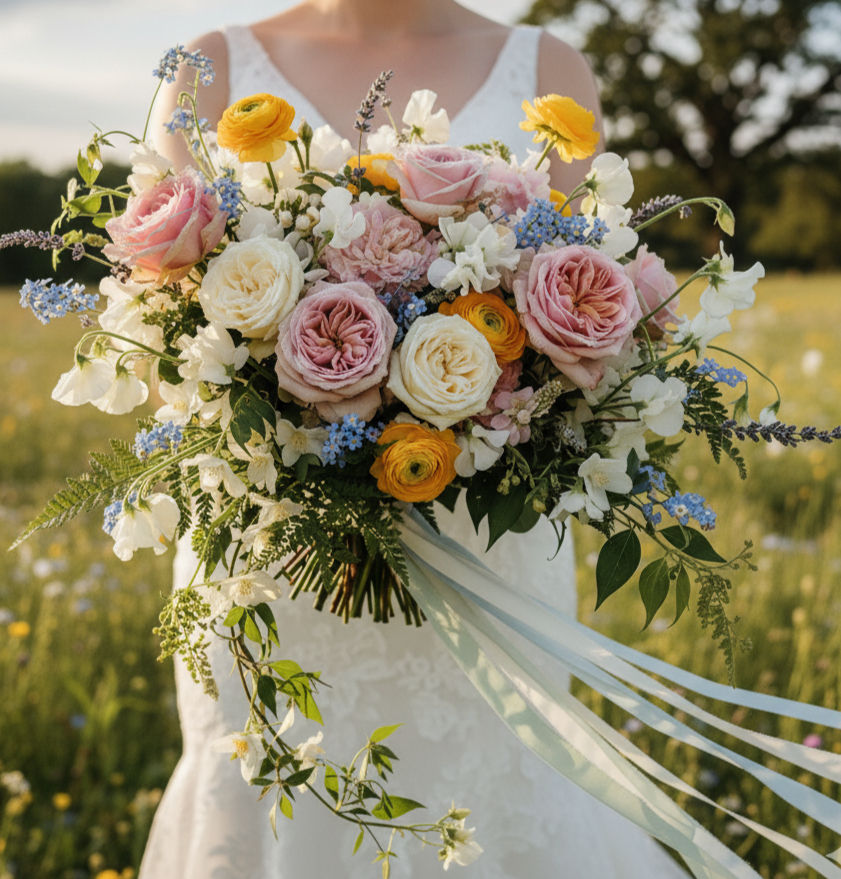 A gorgeous spring bouquet of flowers held by a bride in a sunny field.