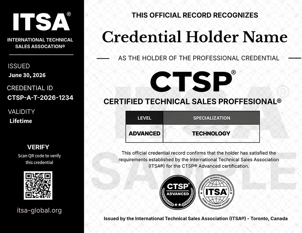 `Sample CTSP® Advanced Technology digital certificate issued by the International Technical Sales Association® (ITSA®)