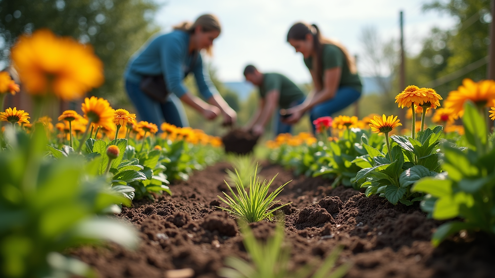 Eye-level view of a community garden with volunteers planting flowers