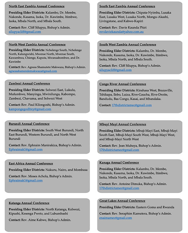 List of all the annual conferences, presiding elder districts, and contact information.