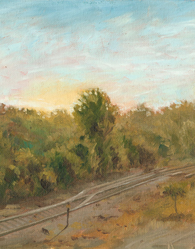 Train Station Sunset, National Comedy Center, Jamestown NY, original landscape oil painting, Joseph Grice Art
