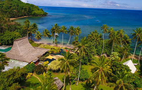 Aerial view of tranquil Fiji resort nestled among palm trees