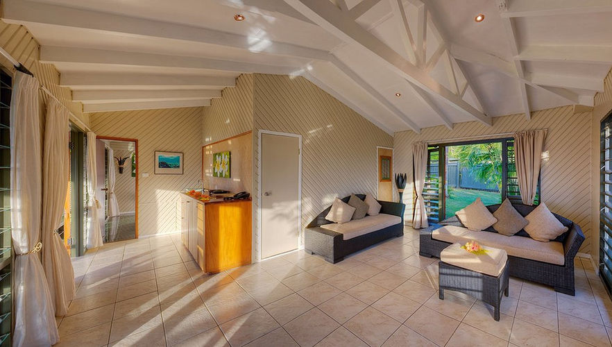 Spacious Fiji resort living room with high ceilings