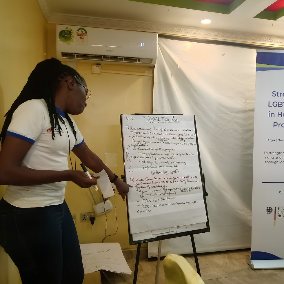 Pictured: An LGBTIQ refugee leader facilitating an inclusion training session in Kakuma Refugee Camp.