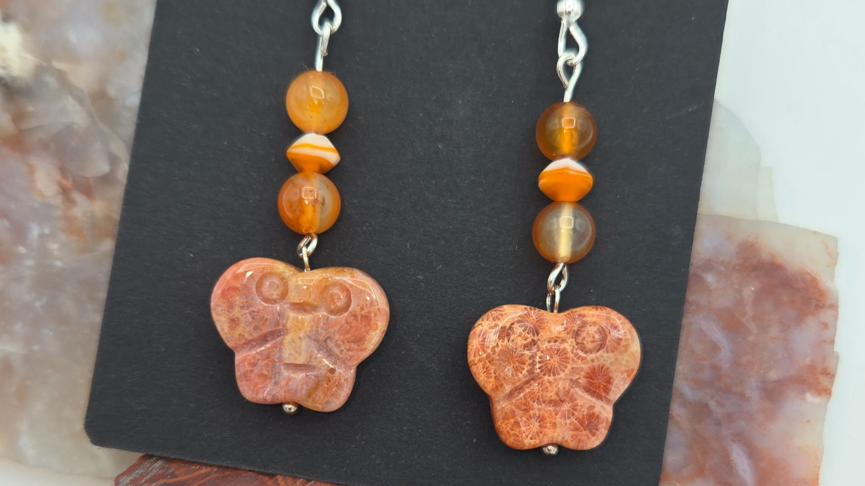 Pink Coral Butterfly Earrings 2.25 in