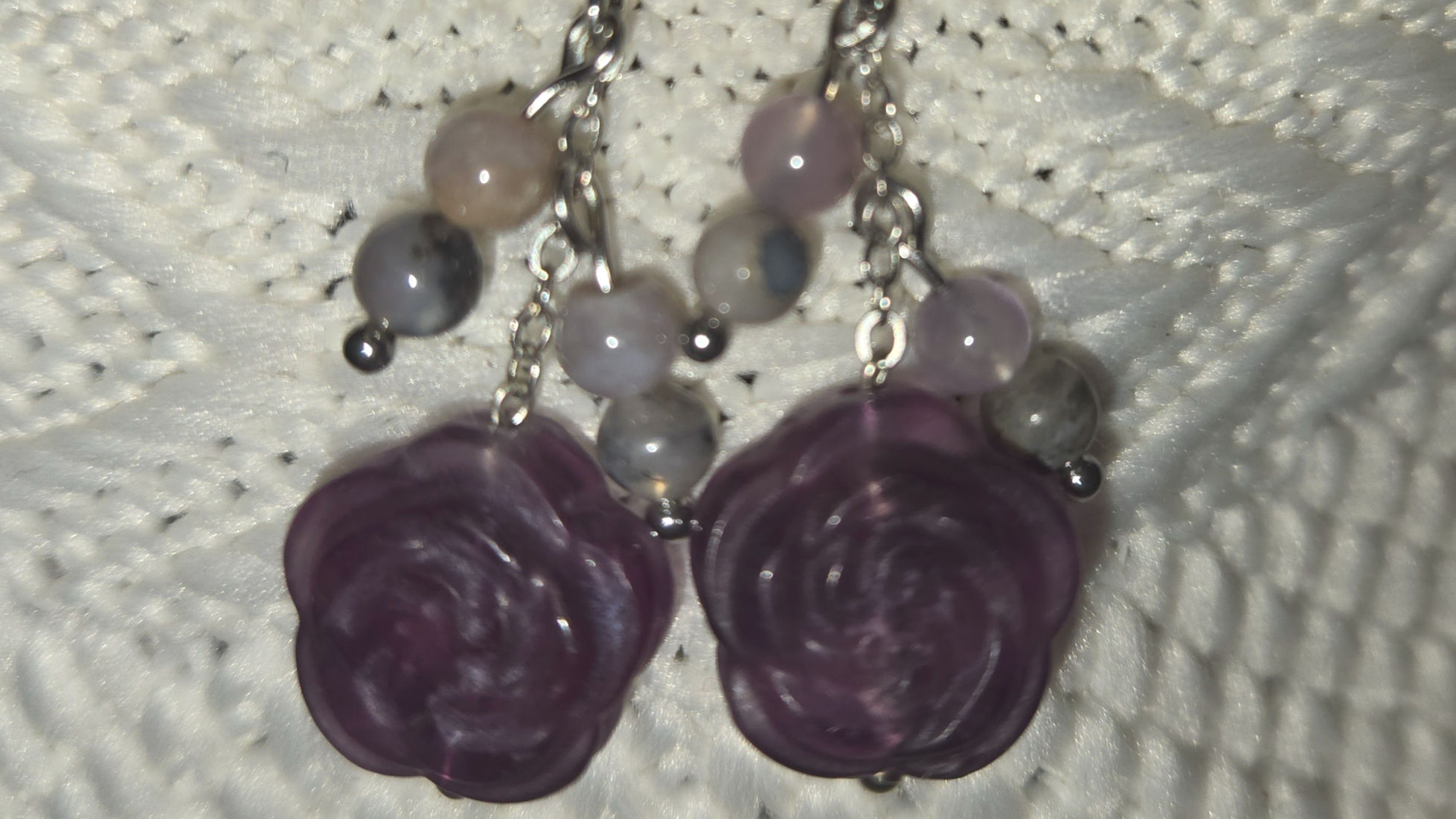 Fluorite Rose Earrings with agate beads 1.5 in