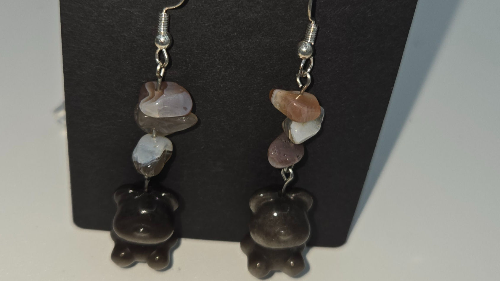Silver Obsidian Teddy Bear with Agate Chip Accents Earrings 2.5in