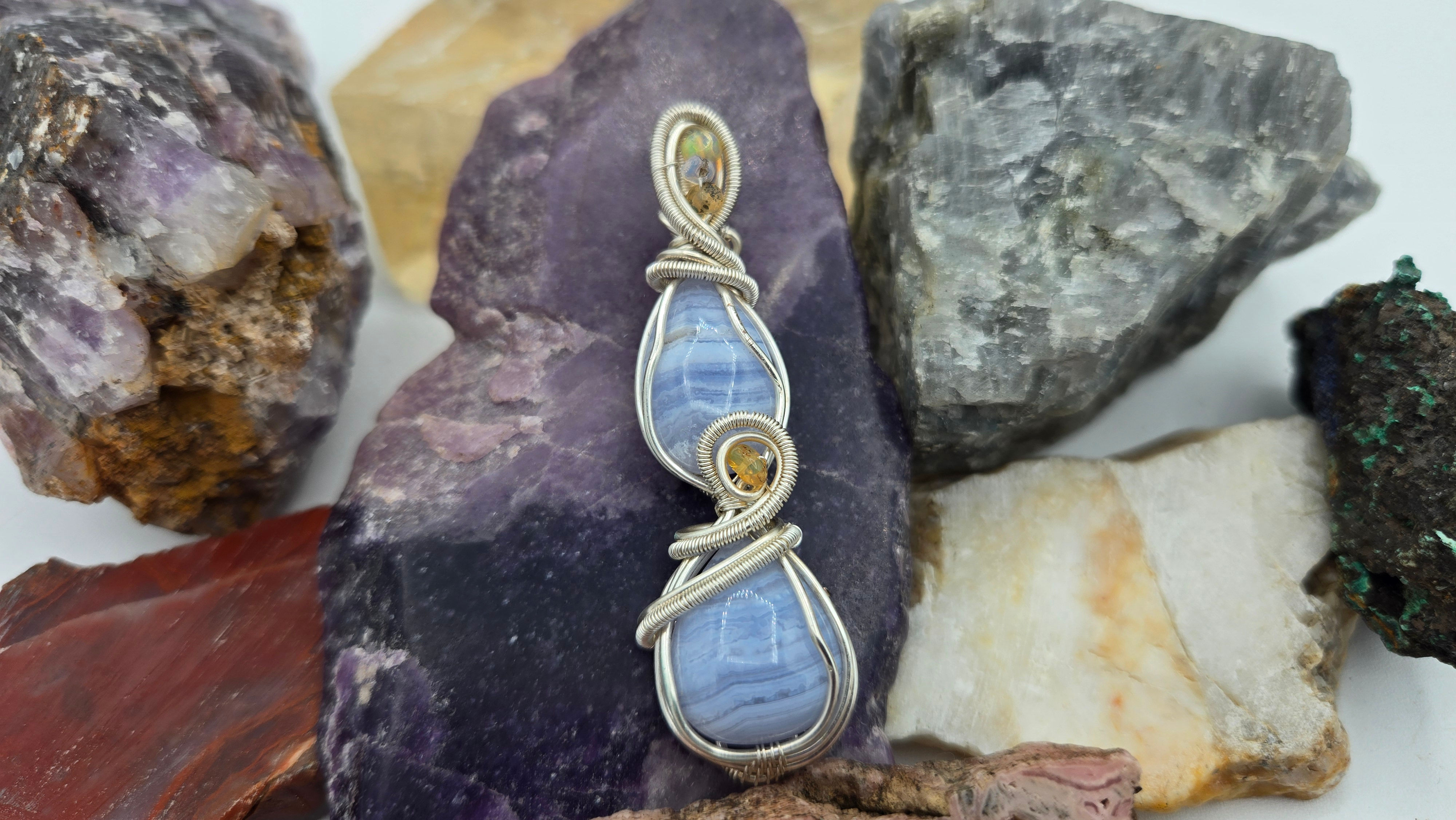 Double Blue lace Pendant with Opal Accents in silver plated wire 2.75in