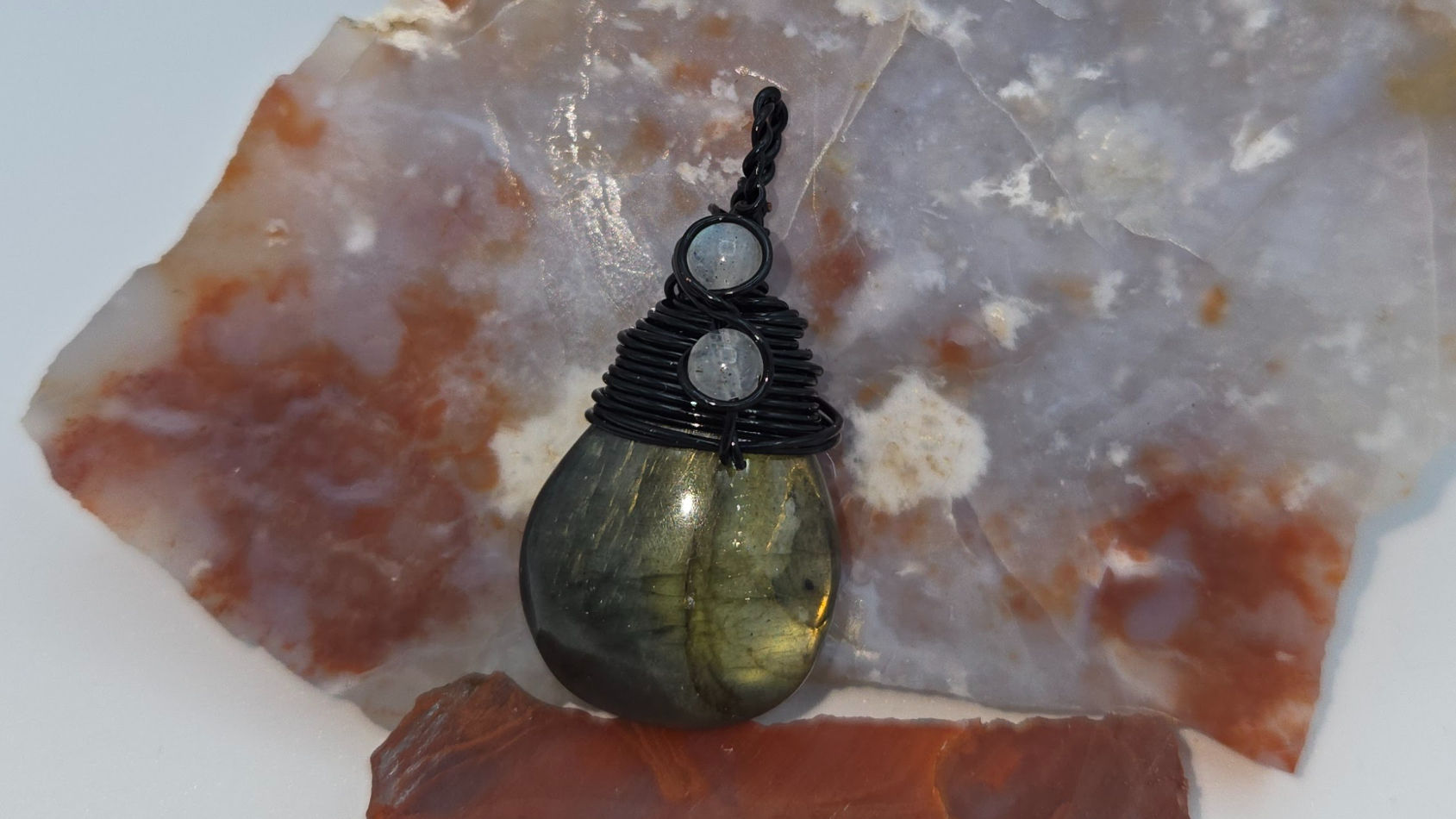 Labradorite Teardrop in Black Wire Moonstone Accents 1.5in