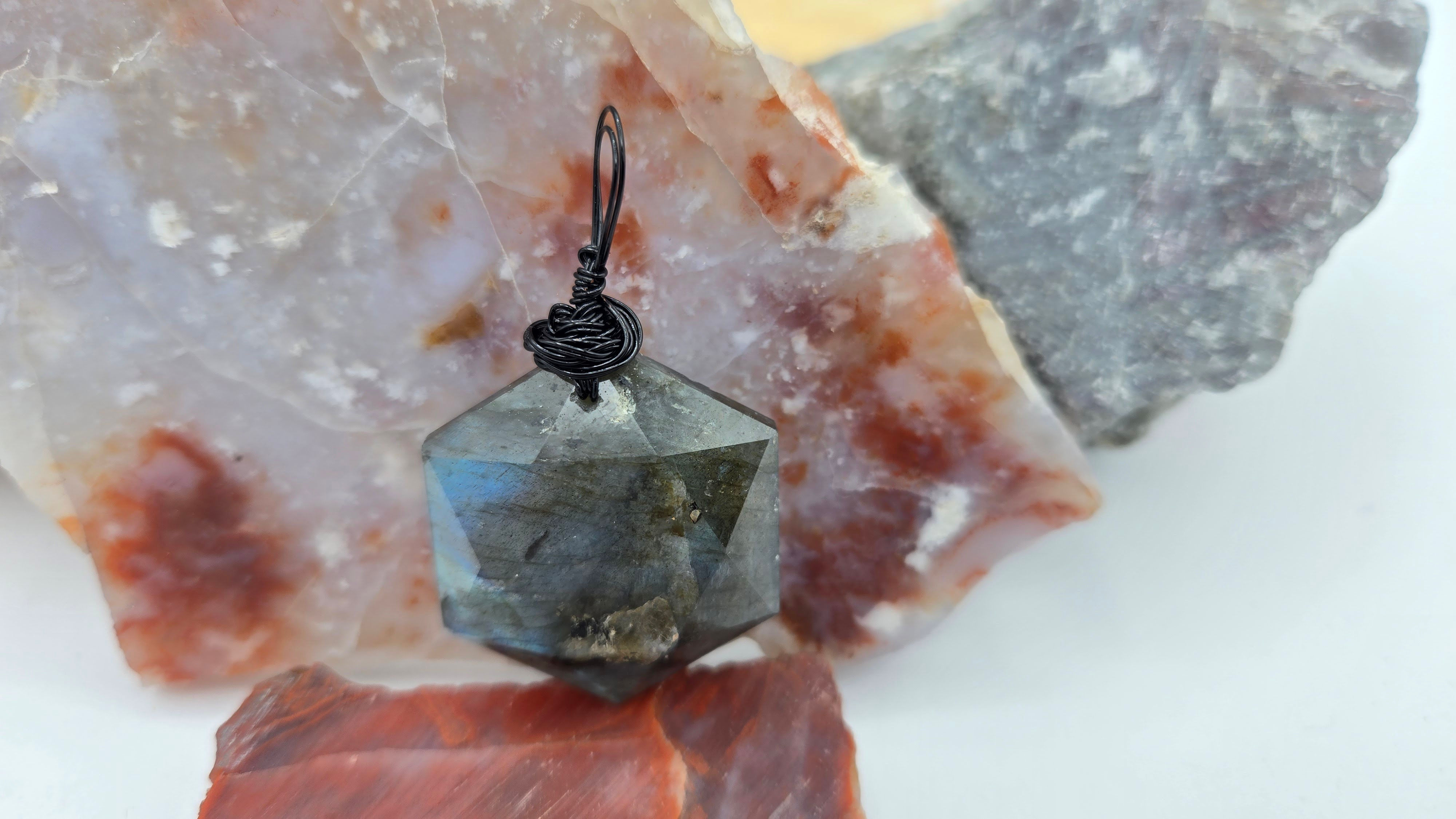Labradorite Diamond pendant in black wire 2 in