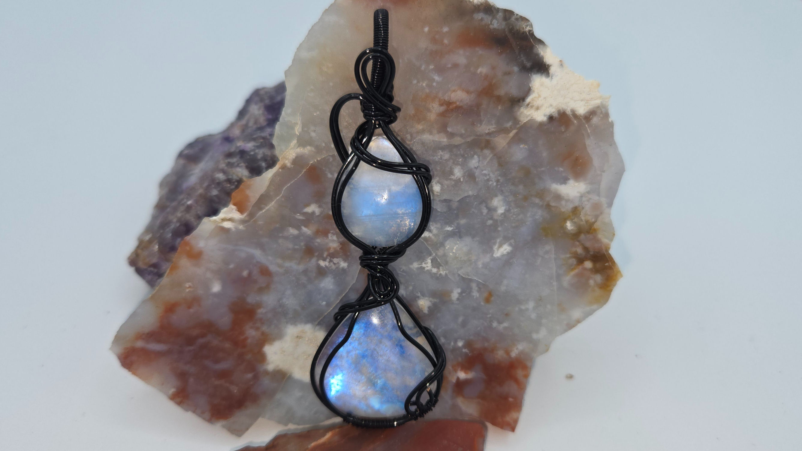 Double Moonstone Pendant in Black Wire 3.25in