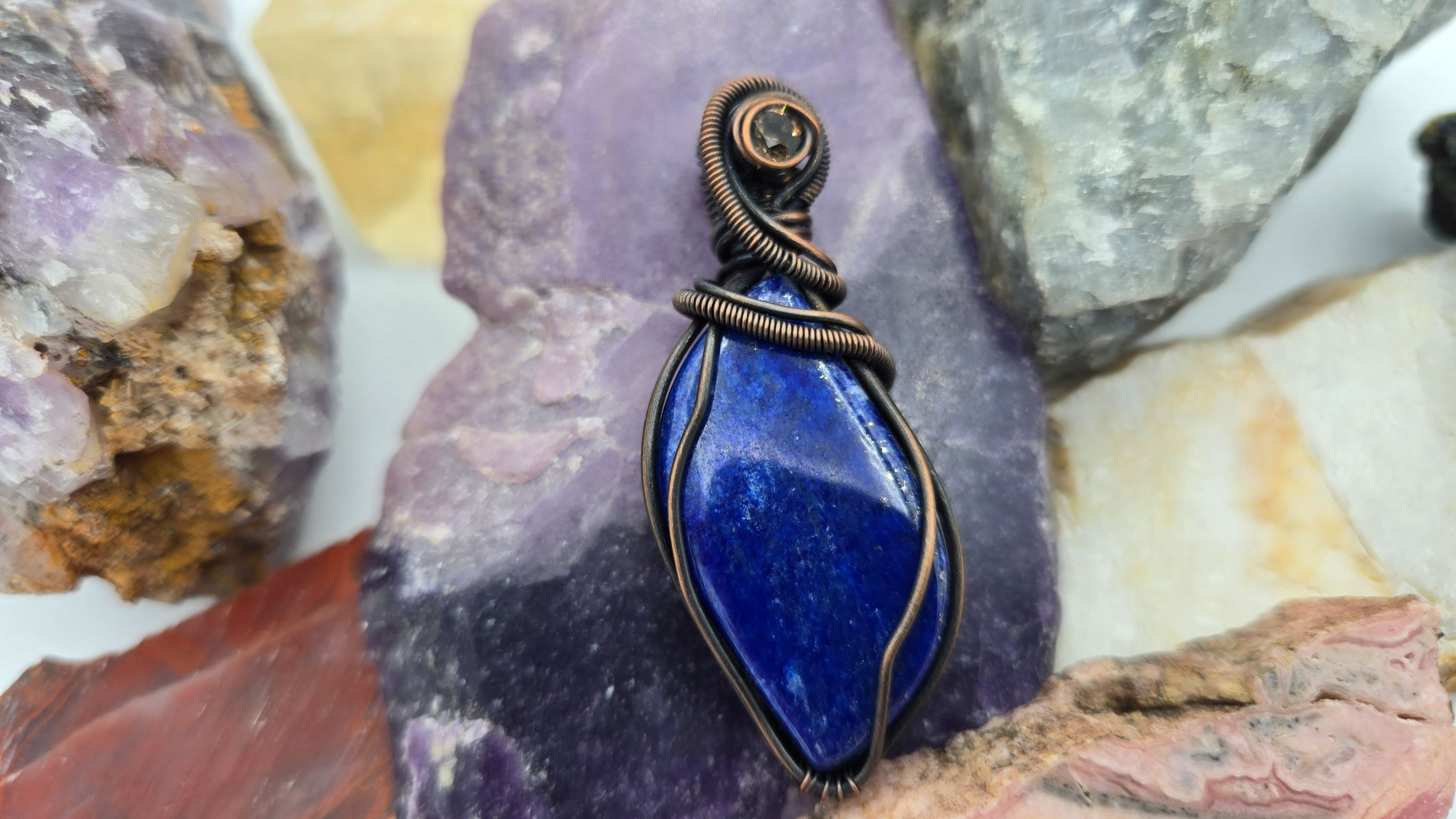 Lapis Pendant With Smoky Quartz Accent in Antique Copper 2 in