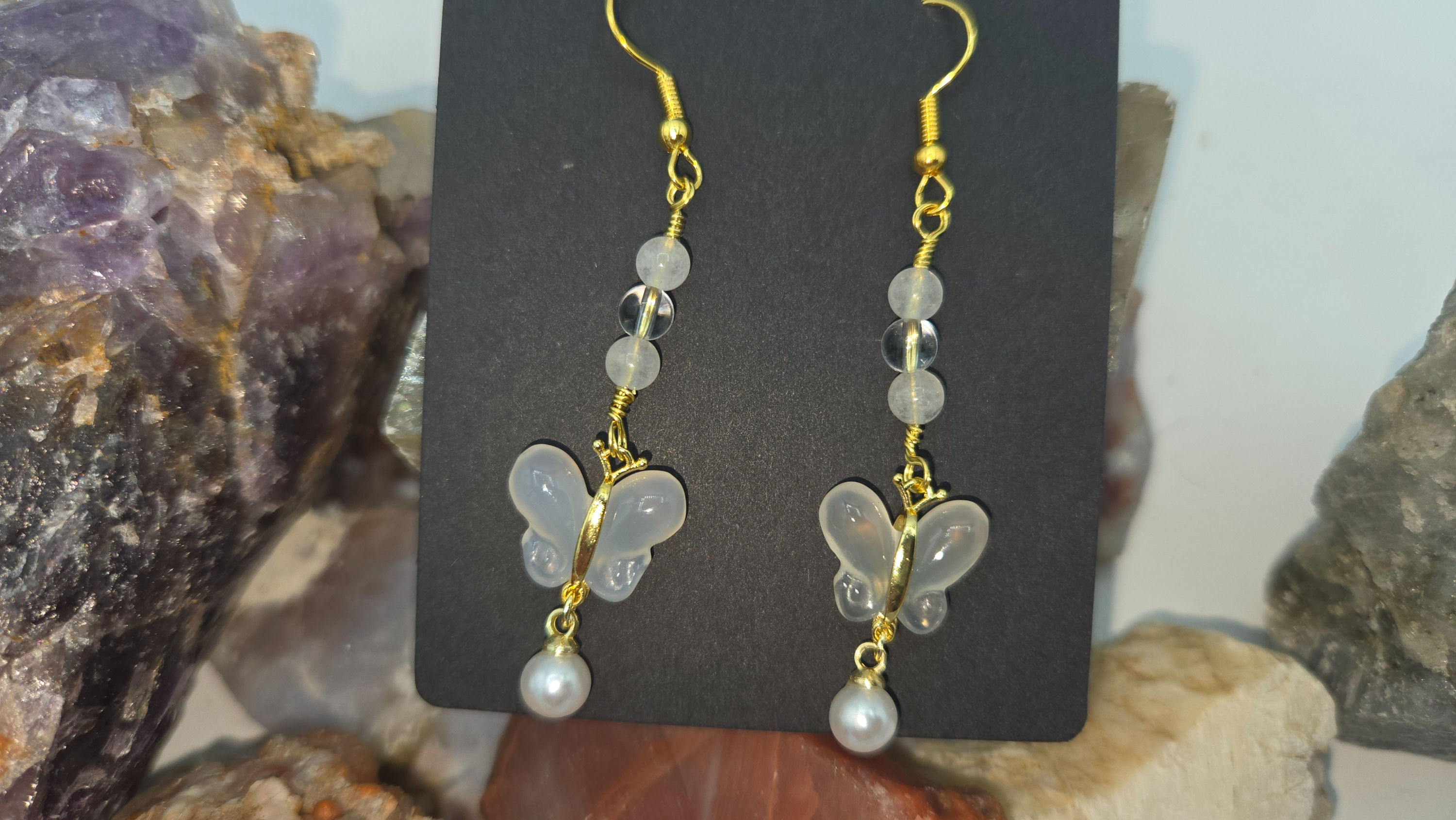 White Jade Butterfly Earrings 2.75in