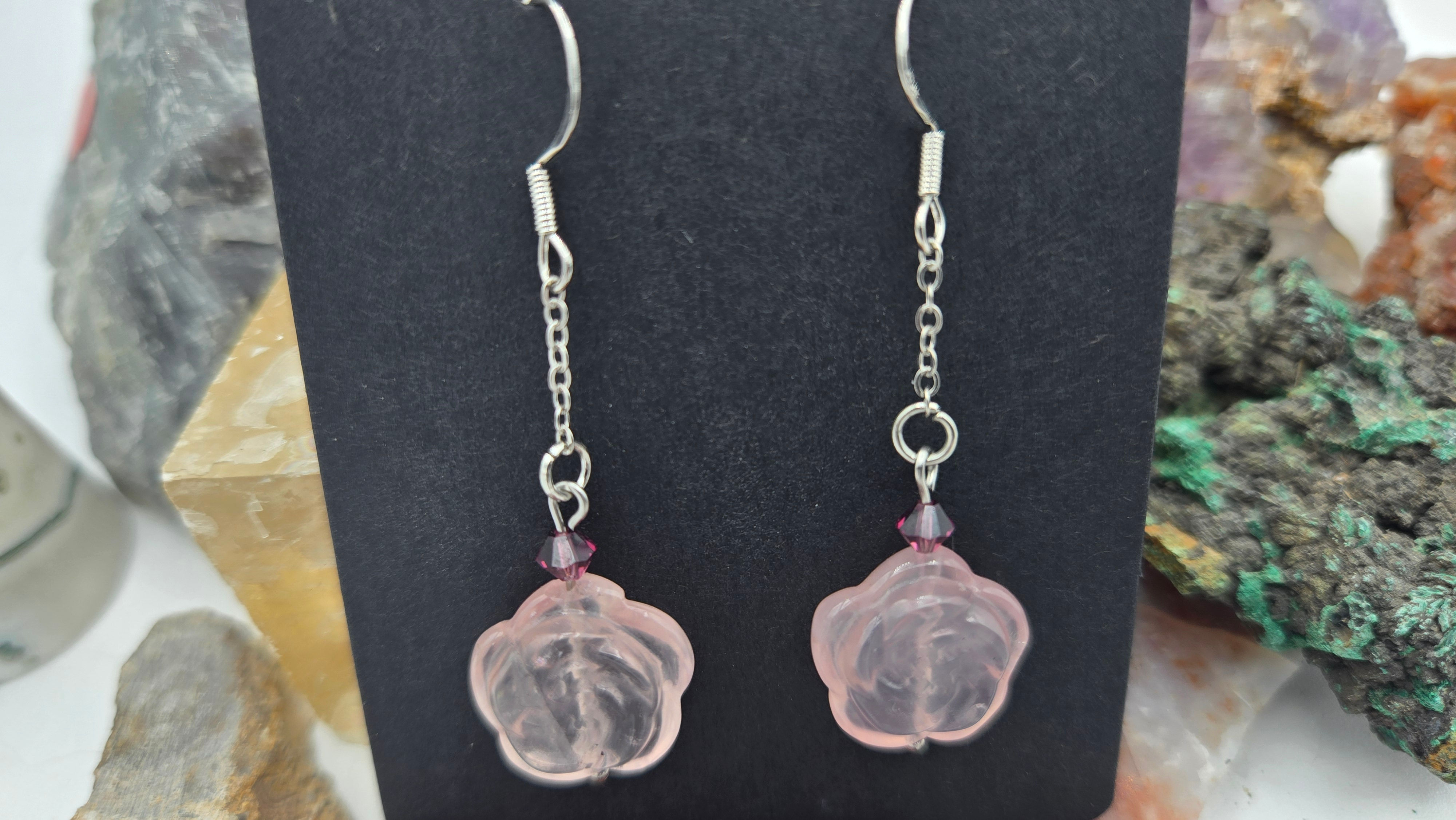 Rose Quartz Flower Earrings 2in