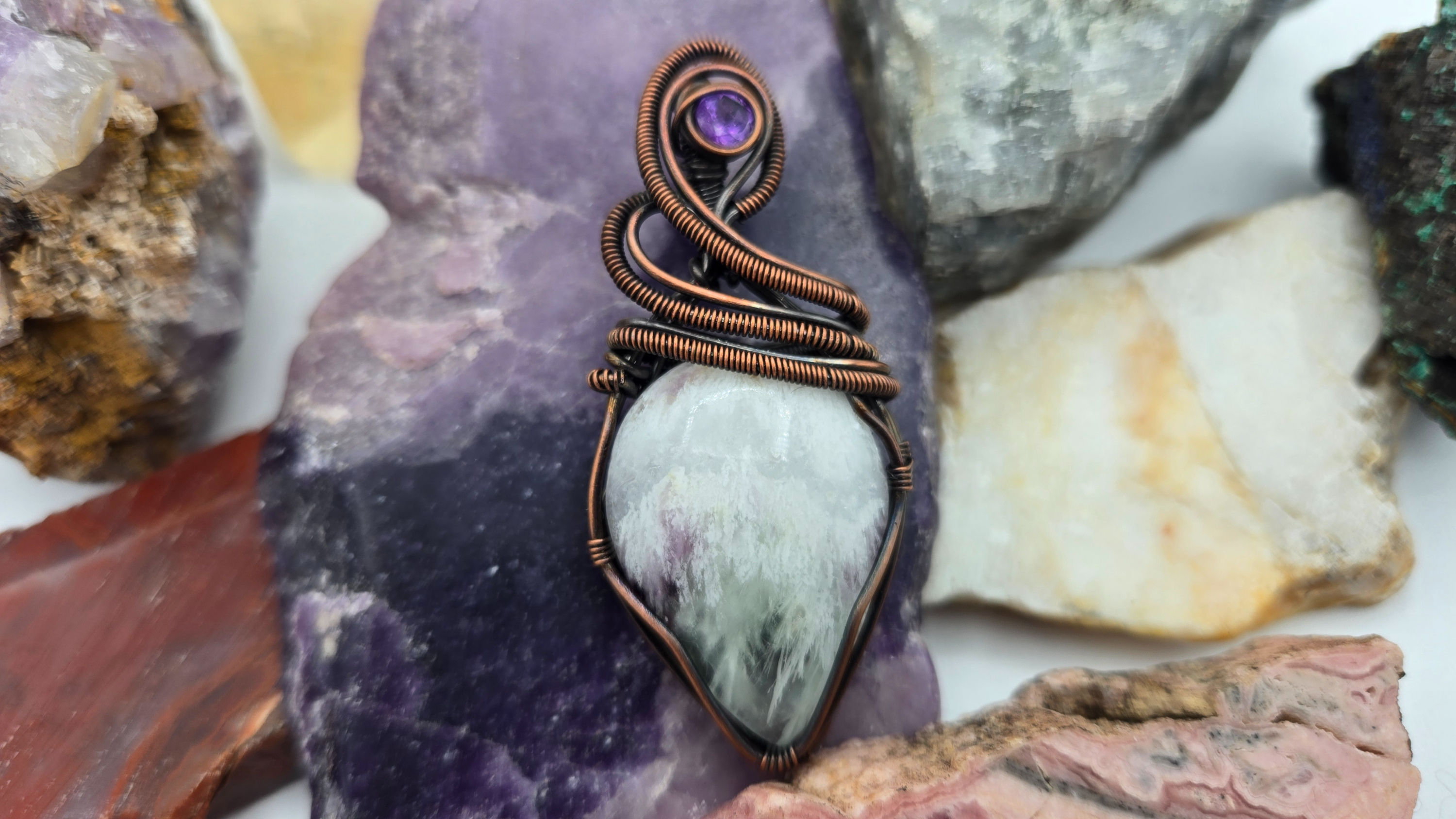 Feathered Fluorite Antique Copper Pendant with Amethyst Accent 2.25in