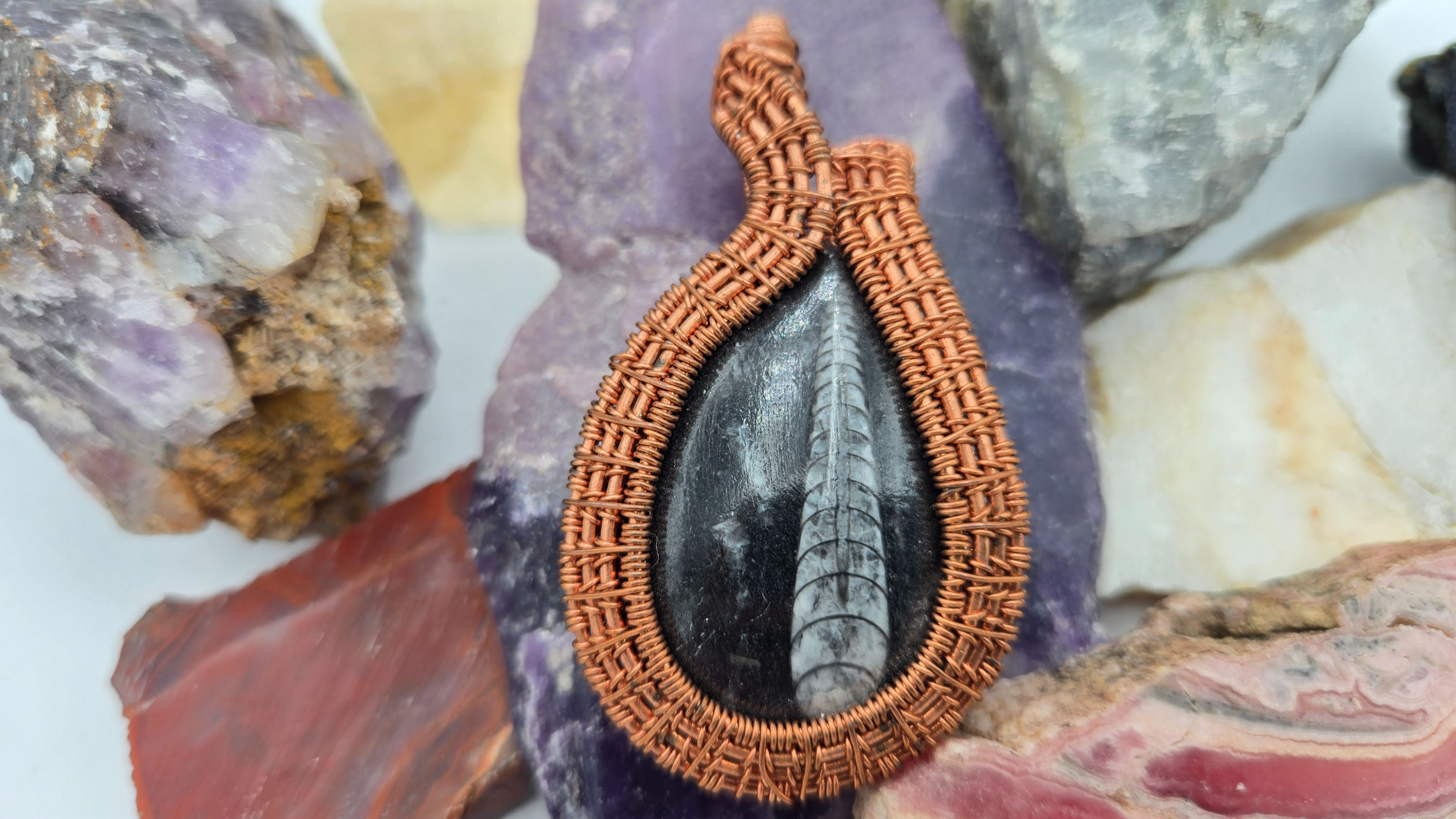 Orthoceras Fossil Pendant in Copper Wire 2.75in
