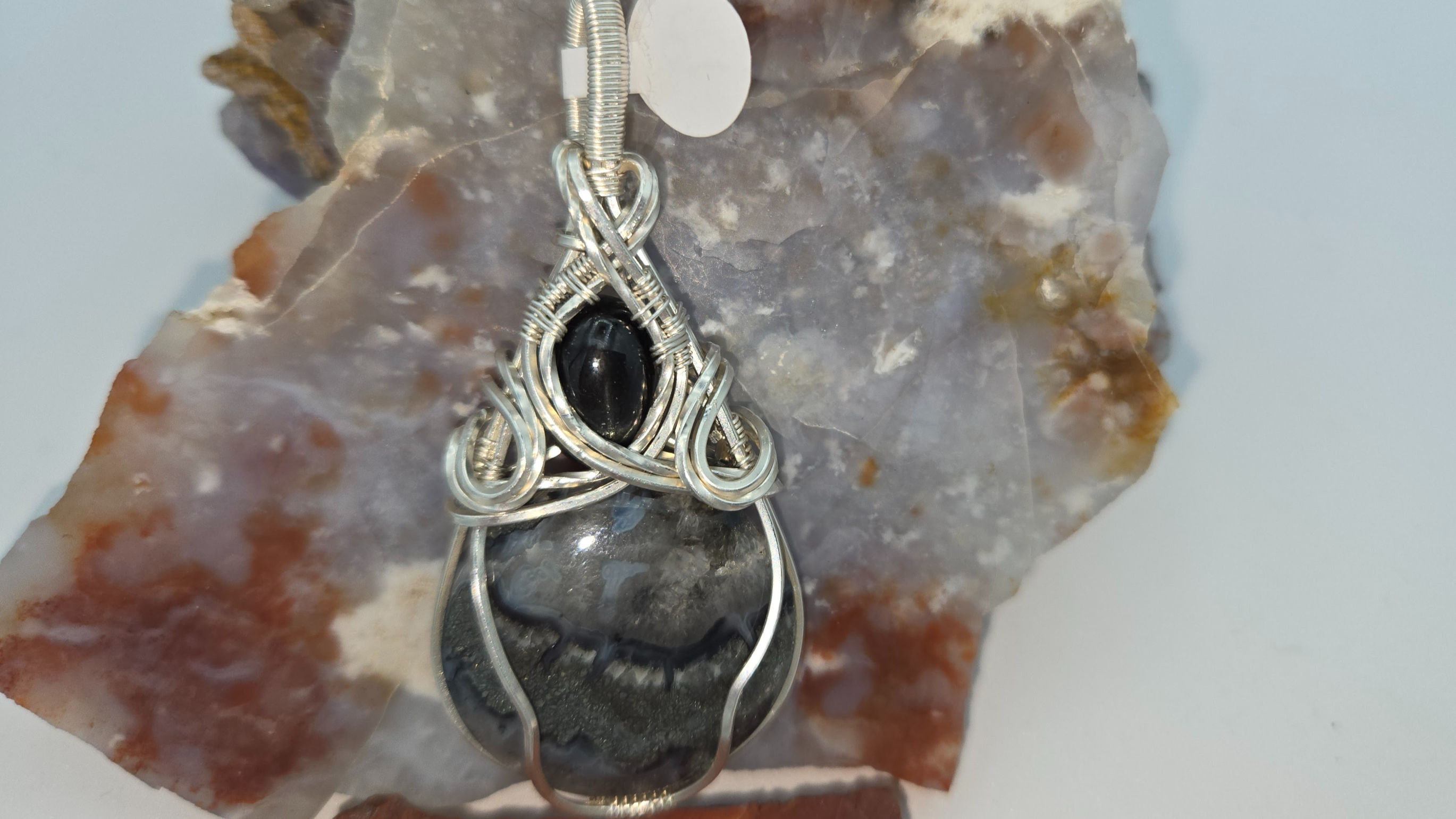 Marcasite with Black Sapphire accent Pendant in Sterling silver wire 2.75in