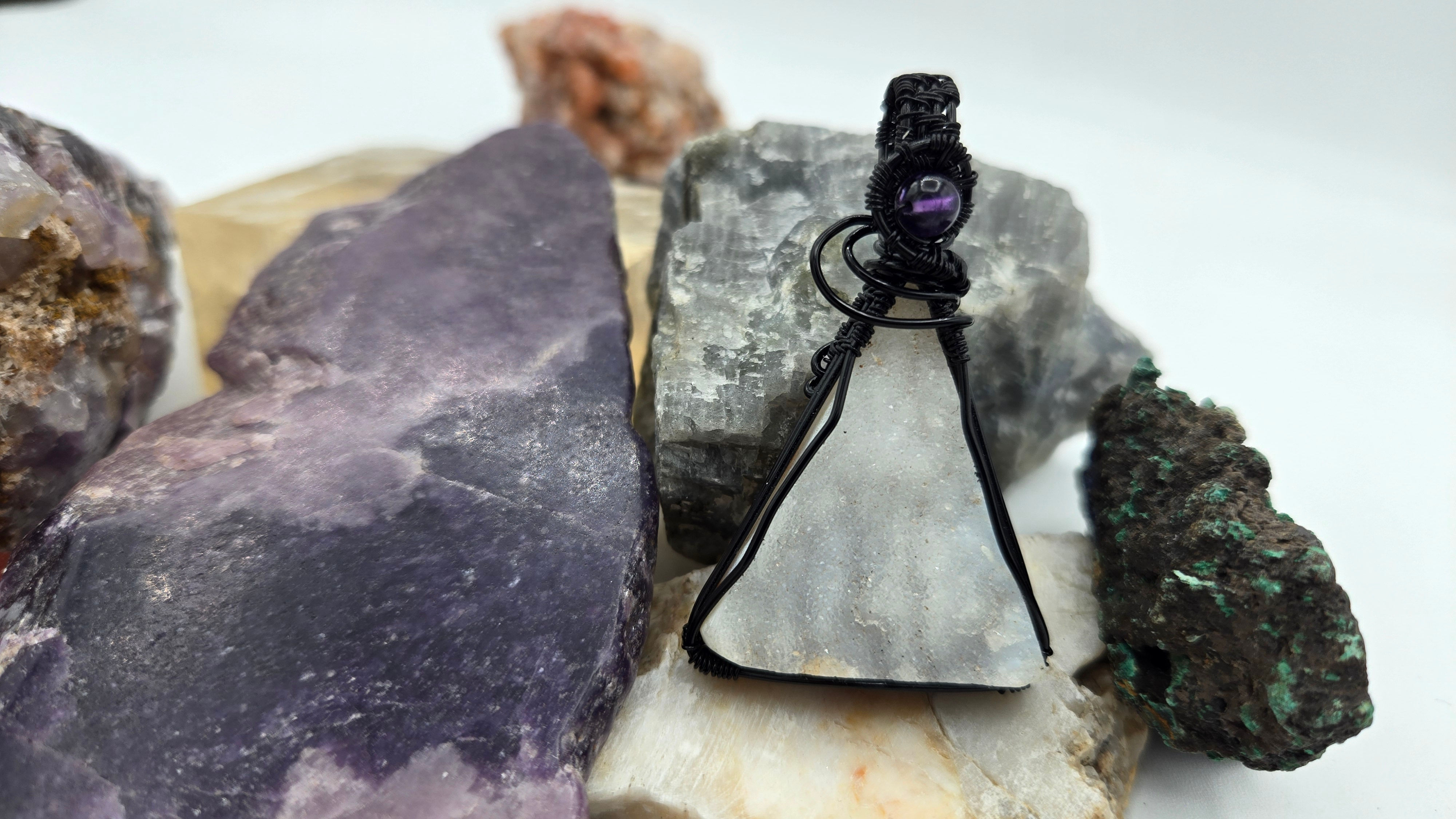 Druzy Triangle Pendant in Black wire Amethyst Accent 2.5in