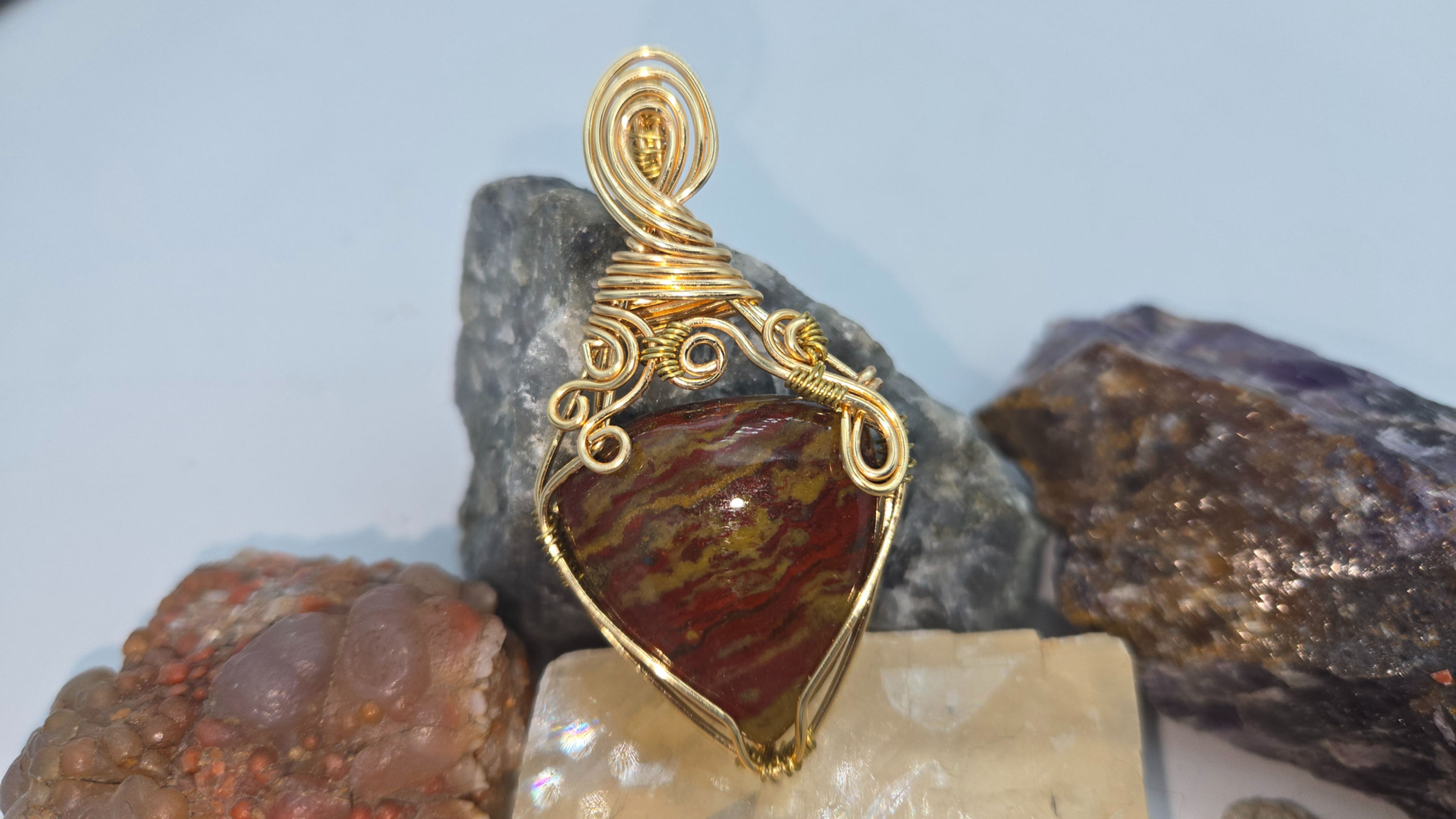 Jasper Pendant Weaved In Gold Colored Wire