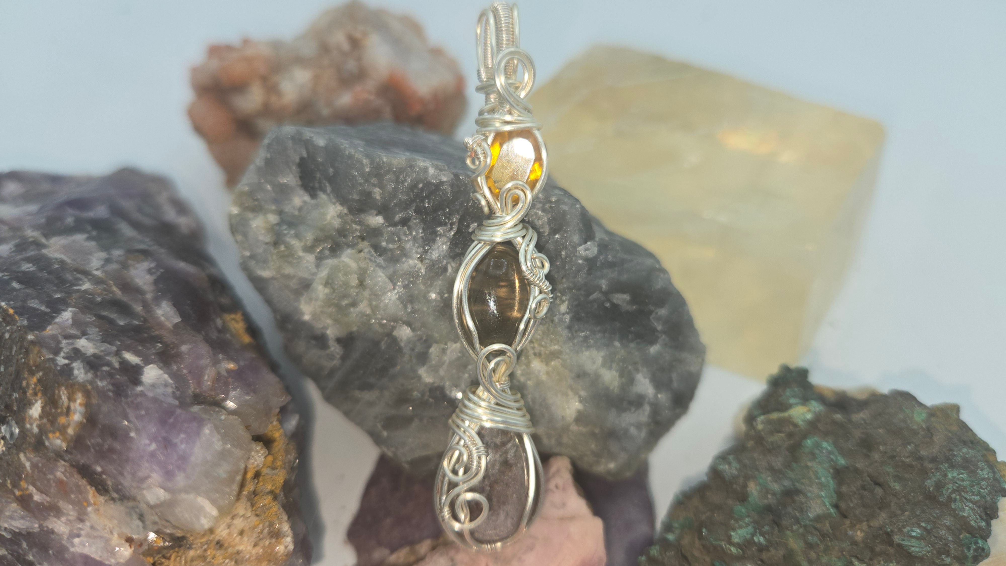 Triple pendant Garden Quartz, Smoky Quartz and Citrine