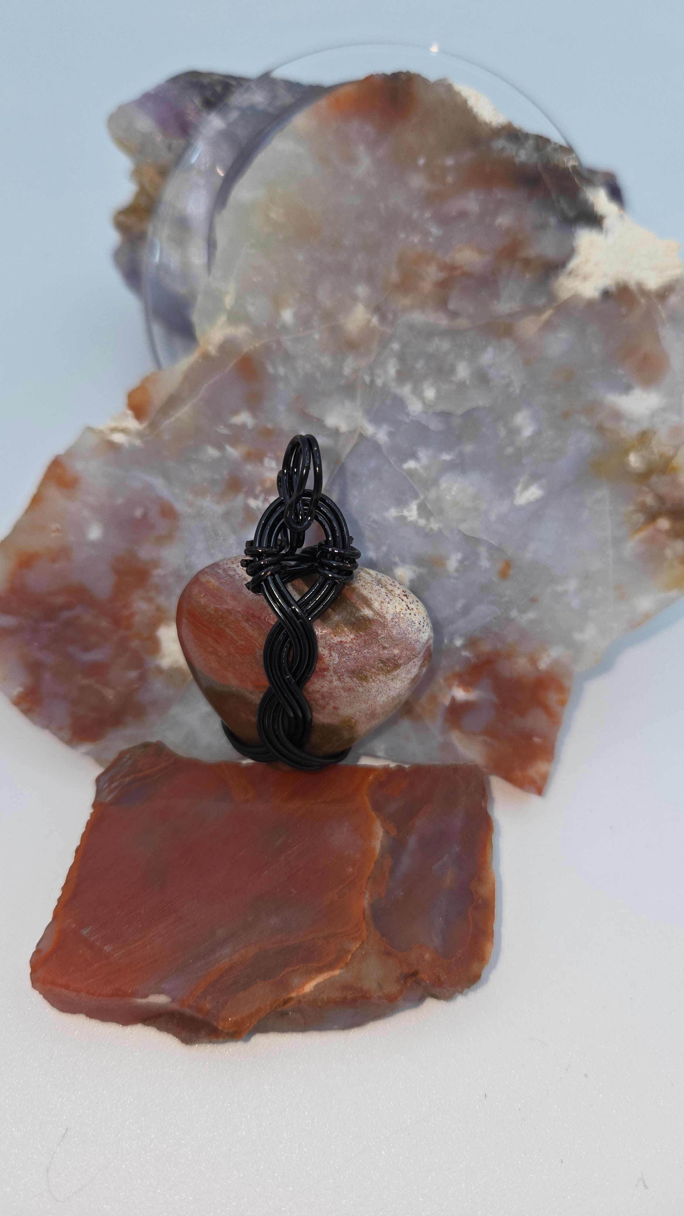 Petrified Wood Heart Pendant in Black Wire 2in