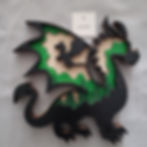 Wooden layered dragon sculpture with green accents, number one. Dragon DIY.