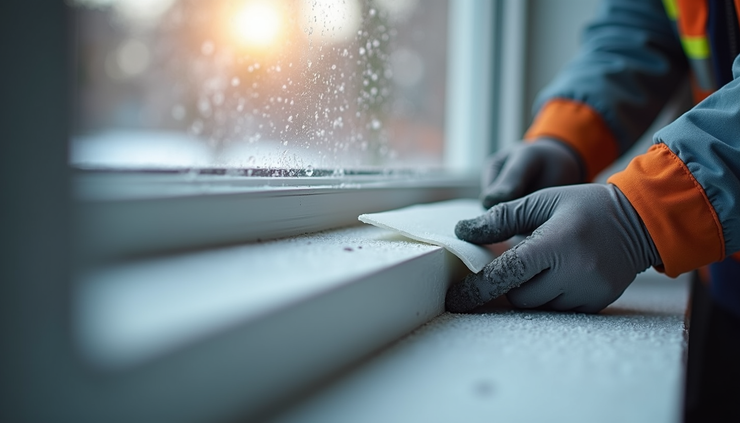 Close-up view of window frame with weather seal being applied